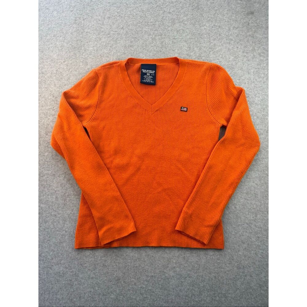 Vintage polo jean co Ralph Lauren ribbed longsleeve bright orange preppy v neck